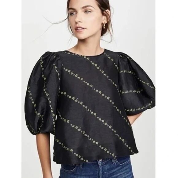 GANNI Floral Diagonal Stripe Silk Linen Puff Sleeve Top SSENSE 34 S 2 NWT $325 - Picture 1 of 15